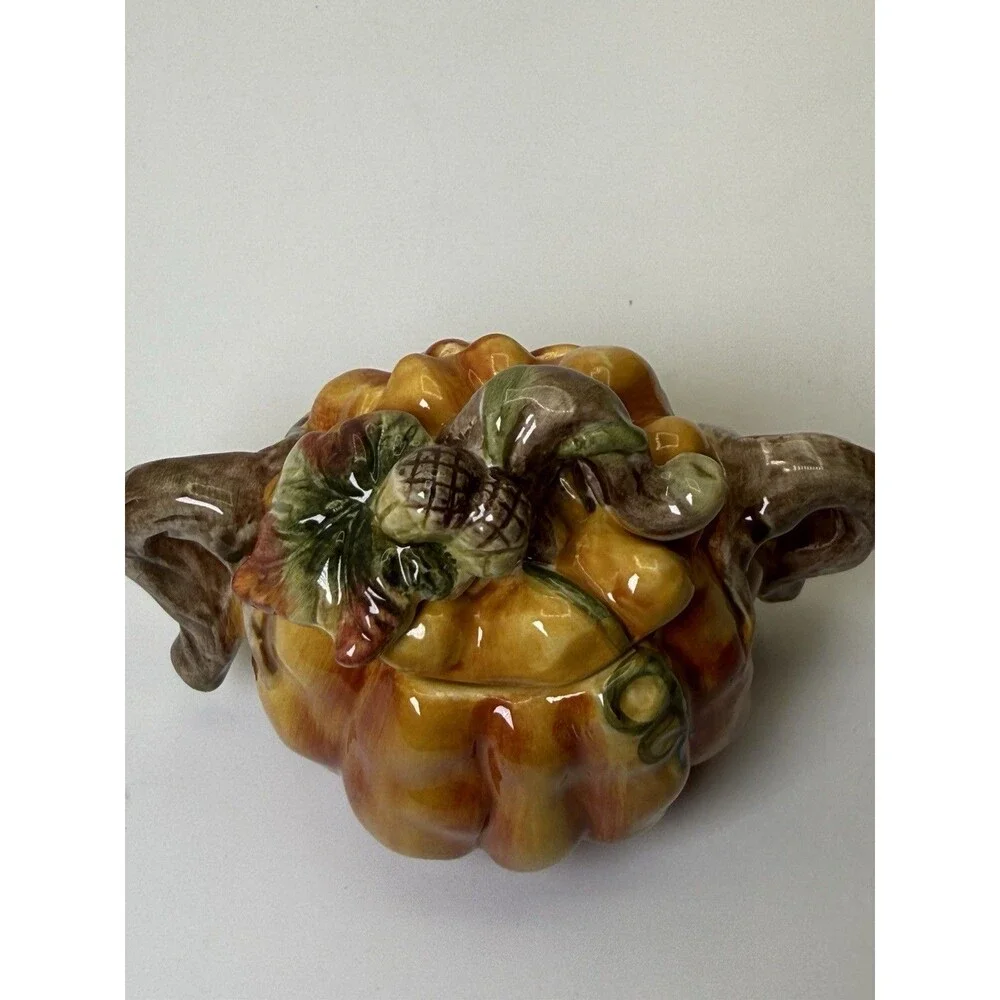 Vintage Ceramic Pumpkin Patch Sugar Bowl Creamer Set Fall Harvest 1990s